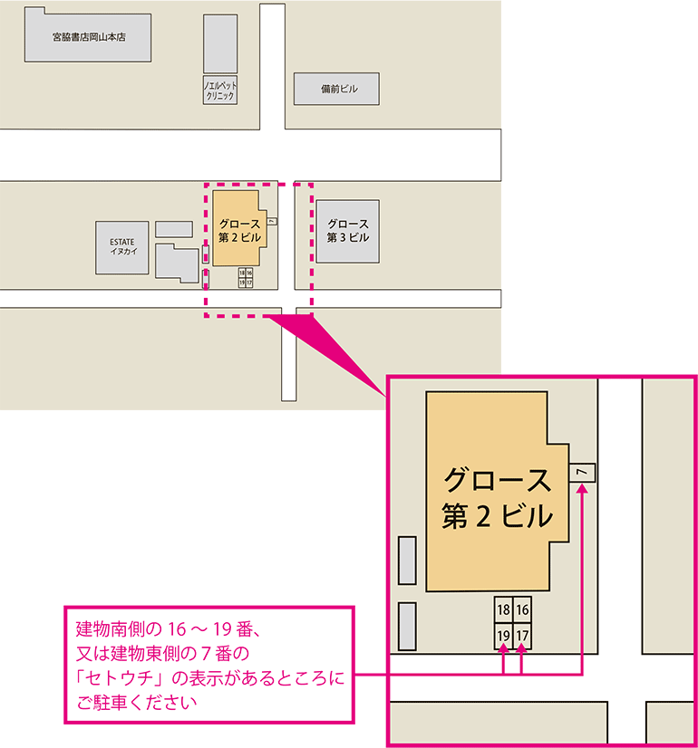 建物南側の16～19番、又は建物東側7番の「セトウチ」の表示があるところにご駐車ください